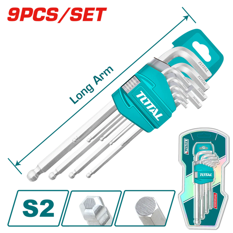 ✅ INECO 4200400003 – SET 9 CHIAVI ESAGONALI PIEGATE CON TESTA SFERICA (Cr-V)